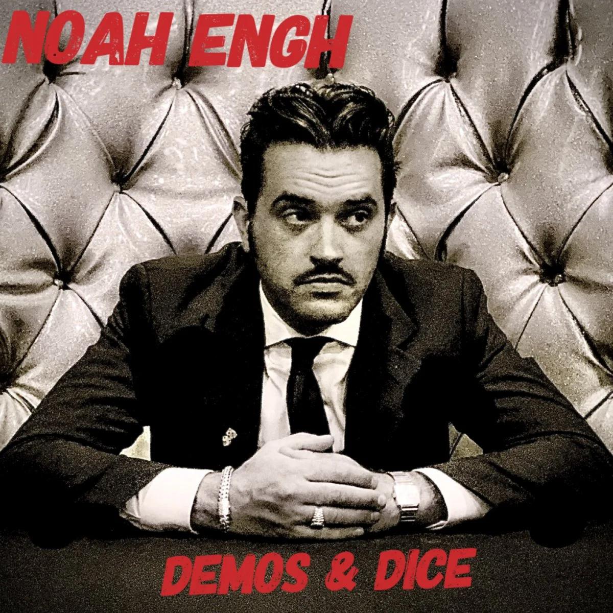 Noah Engh “Demos & Dice” live recording cover-style graphic with black-and-white portrait and red title text.