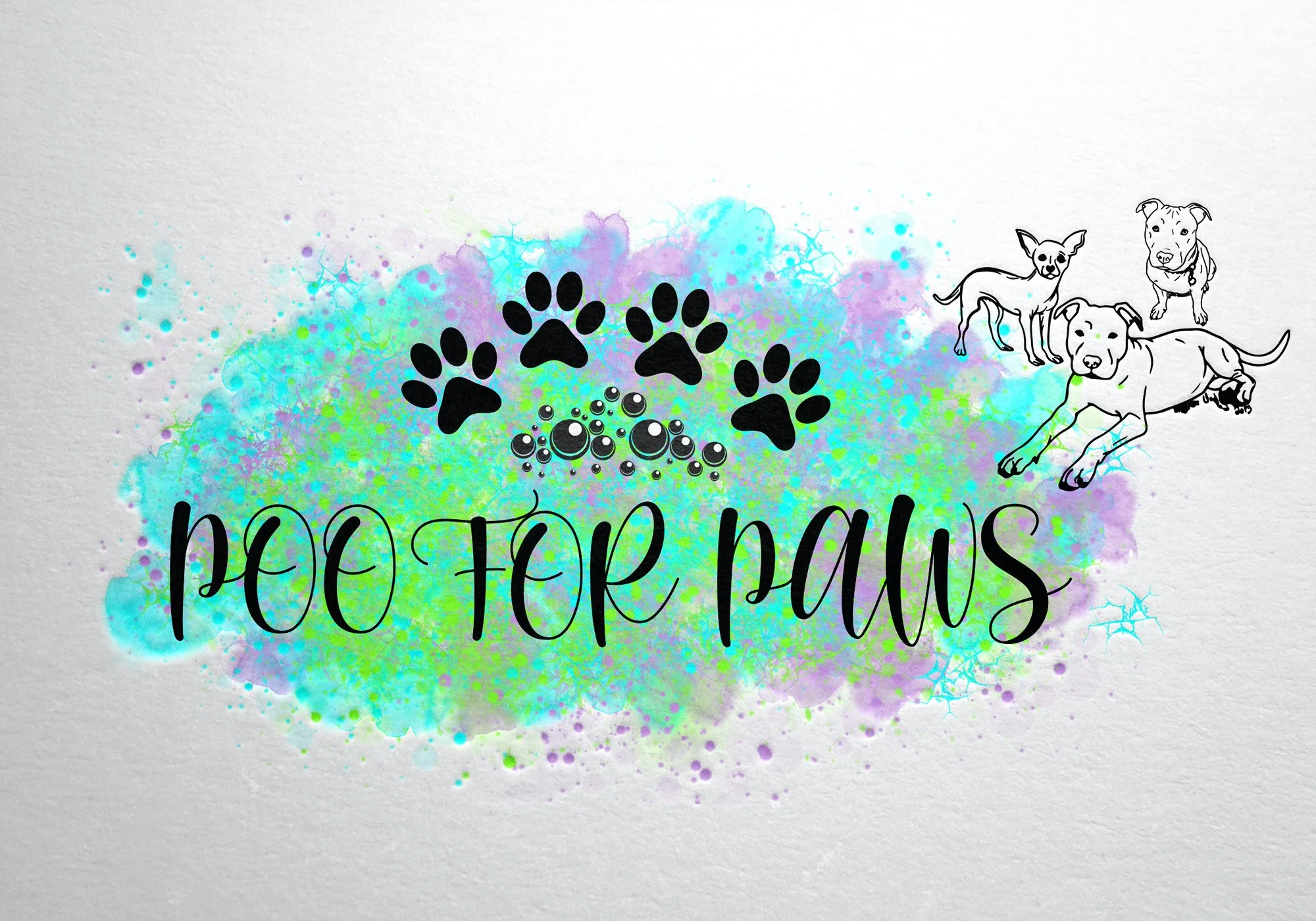 Poo for Paws dog grooming logo with paw prints and watercolor splash behind black script text.