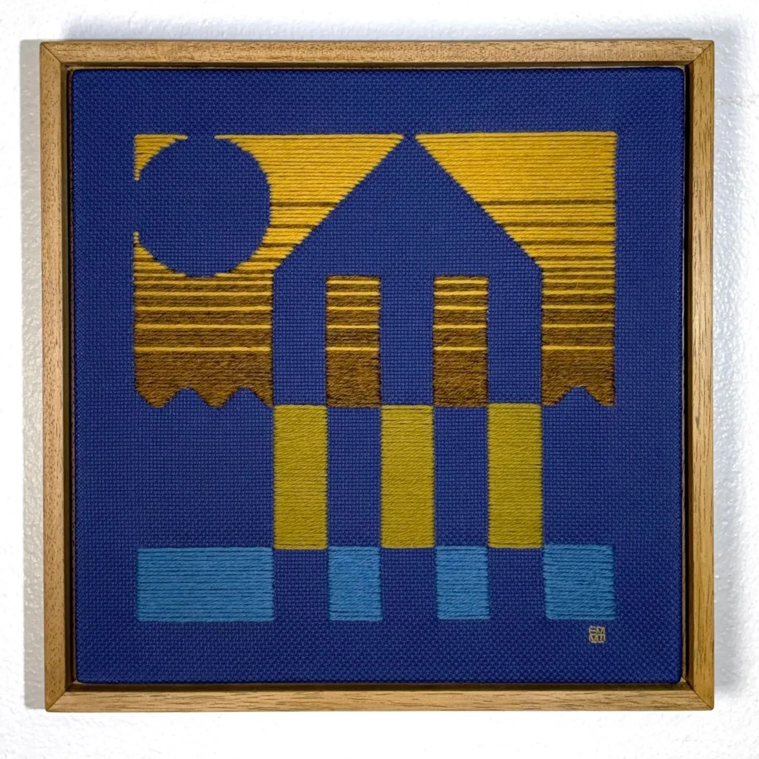 HOUSE BY THE MOON, 2025, wool on cotton, 30.5 × 30.5 cm; framed size 33.5 × 33.5 cm