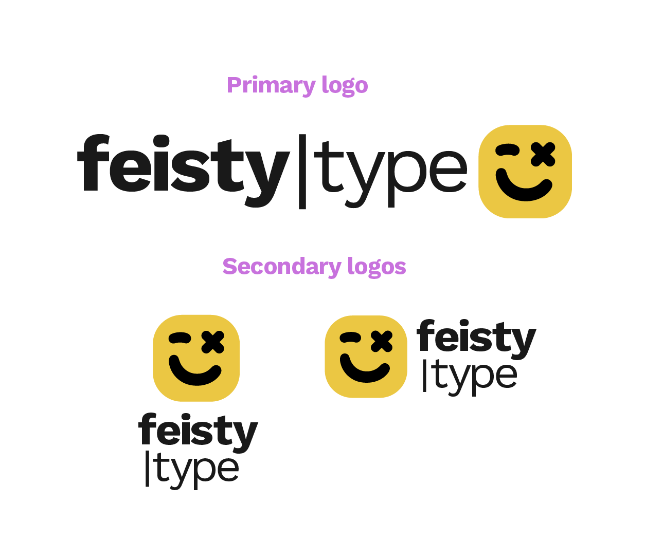 Four Feisty Type Studio logo lockup variations pairing the mascot with the wordmark at different scales.