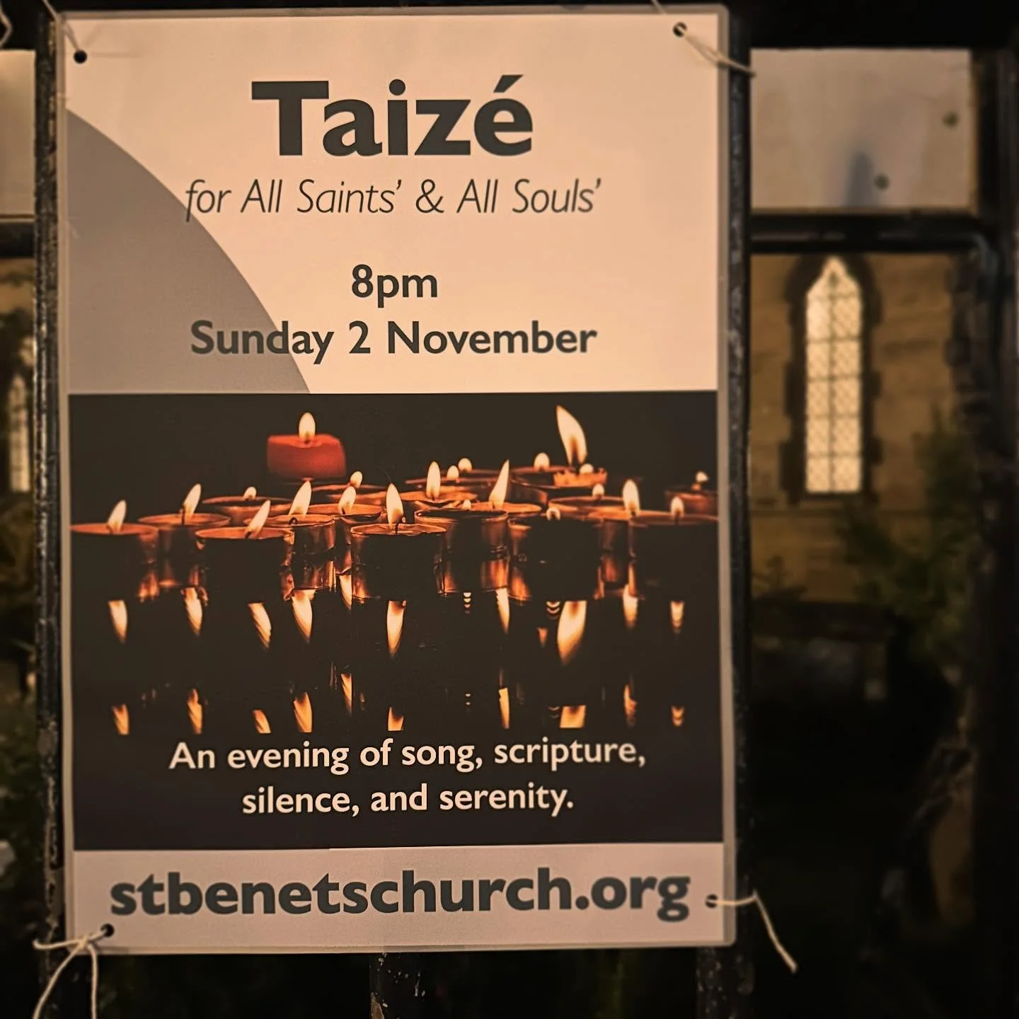 This Sunday at 8pm, a contemplative #taiz&eacute; service &mdash; song, scripture, silence and serenity.  Everyone is welcome, as we mark the All Saints&rsquo; and All Souls&rsquo;

Join us at @stbenetscam for Taiz&eacute;, first Sundays at 8pm.