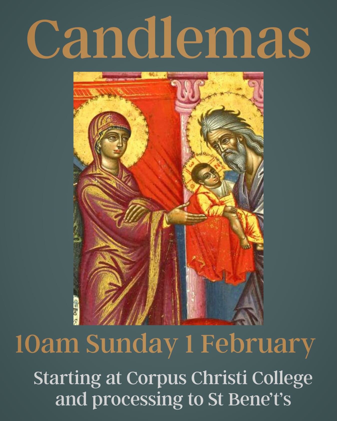 This Sunday at 10am, join us for our annual Candlemas service with @corpuscambridge 
We begin at the @corpuscamchapel with the blessing of candles, followed by a procession  through #Cambridge to @stbenetscam for the Eucharist, with music sung by @co