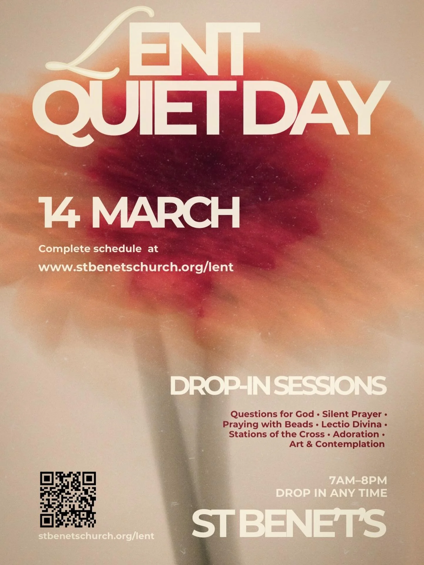 Mark your calendars now for our drop-in Lent Quiet Day @stbenetscam Saturday 14 March, from 7am to 8pm. 
Come any time you like, stay as long as you need.  Complete schedule on our website. All are welcome; booking is not required. 
#lent