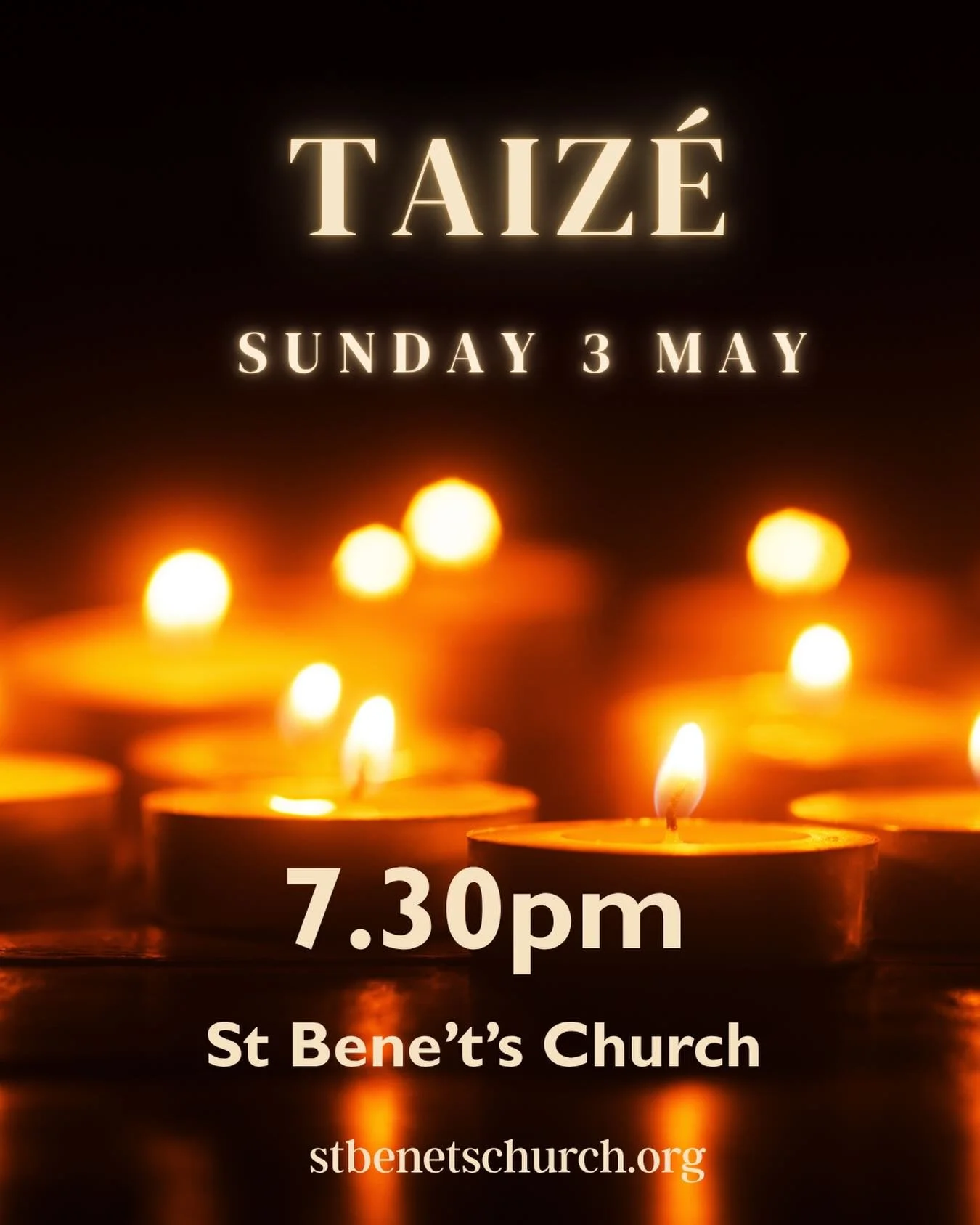 This Sunday is our final Taiz&eacute; before we pause for the summer &mdash; but #Taiz&eacute; will return to @stbenetscam on 6 September. So be sure to join us for a peaceful evening of candlelight, song, silence and scripture.