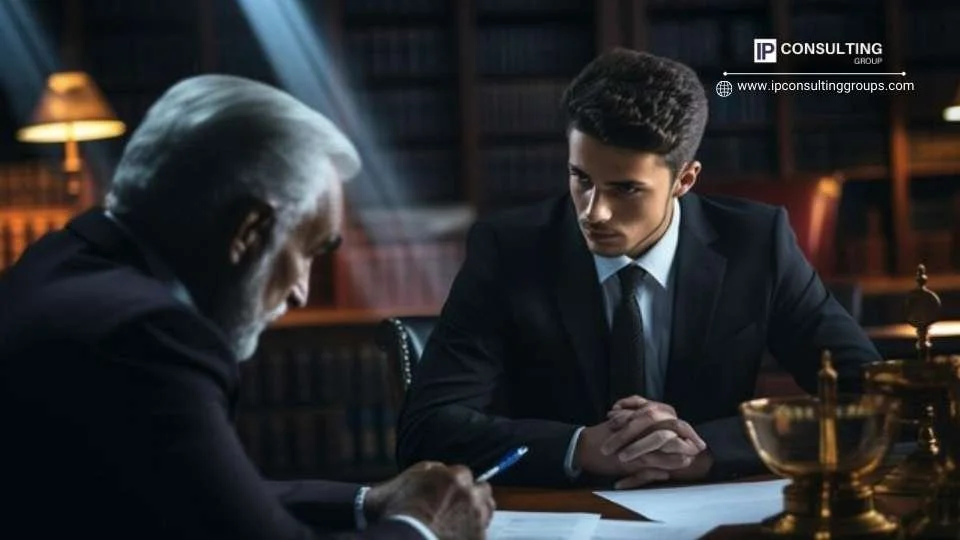 A young man in a suit sits attentively at a table in a dark, book-filled room, as an older man with white hair writes, creating a serious, focused atmosphere.