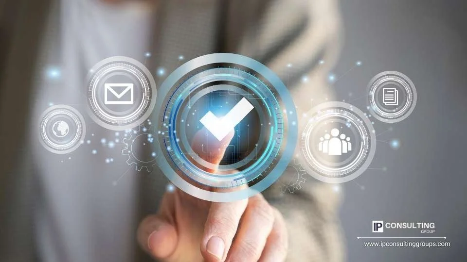 A person pressing a button featuring various icons, indicating interaction with a device or interface..jpg