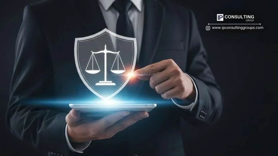 A man gestures toward a glowing shield with justice scales hovering above his hand. A laptop sits on a wooden desk, symbolizing cyber law and protection.