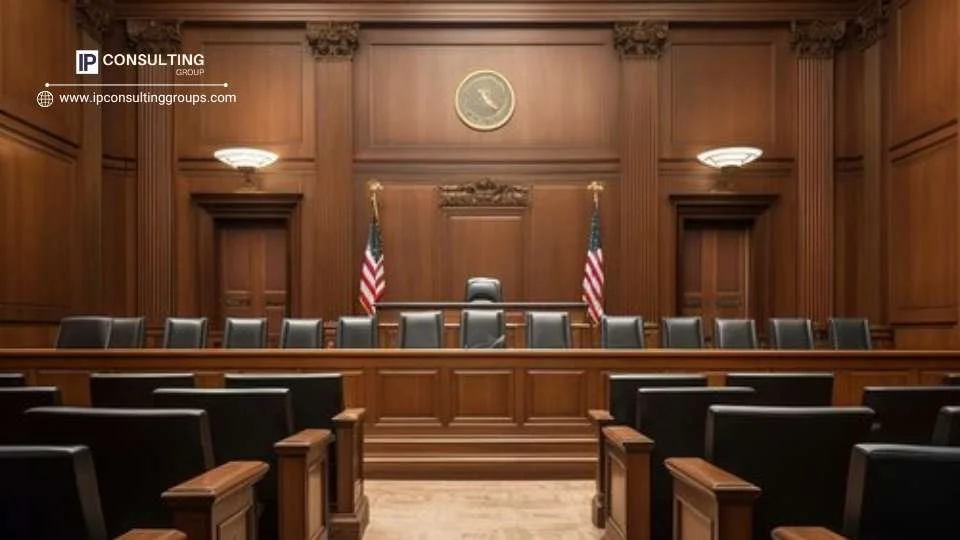 A courtroom featuring wooden walls and chairs, creating a formal and traditional legal environment.