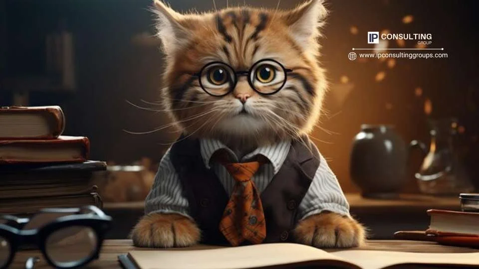 A cat in glasses and a tie sits at a desk surrounded by books, exuding a scholarly and whimsical charm.