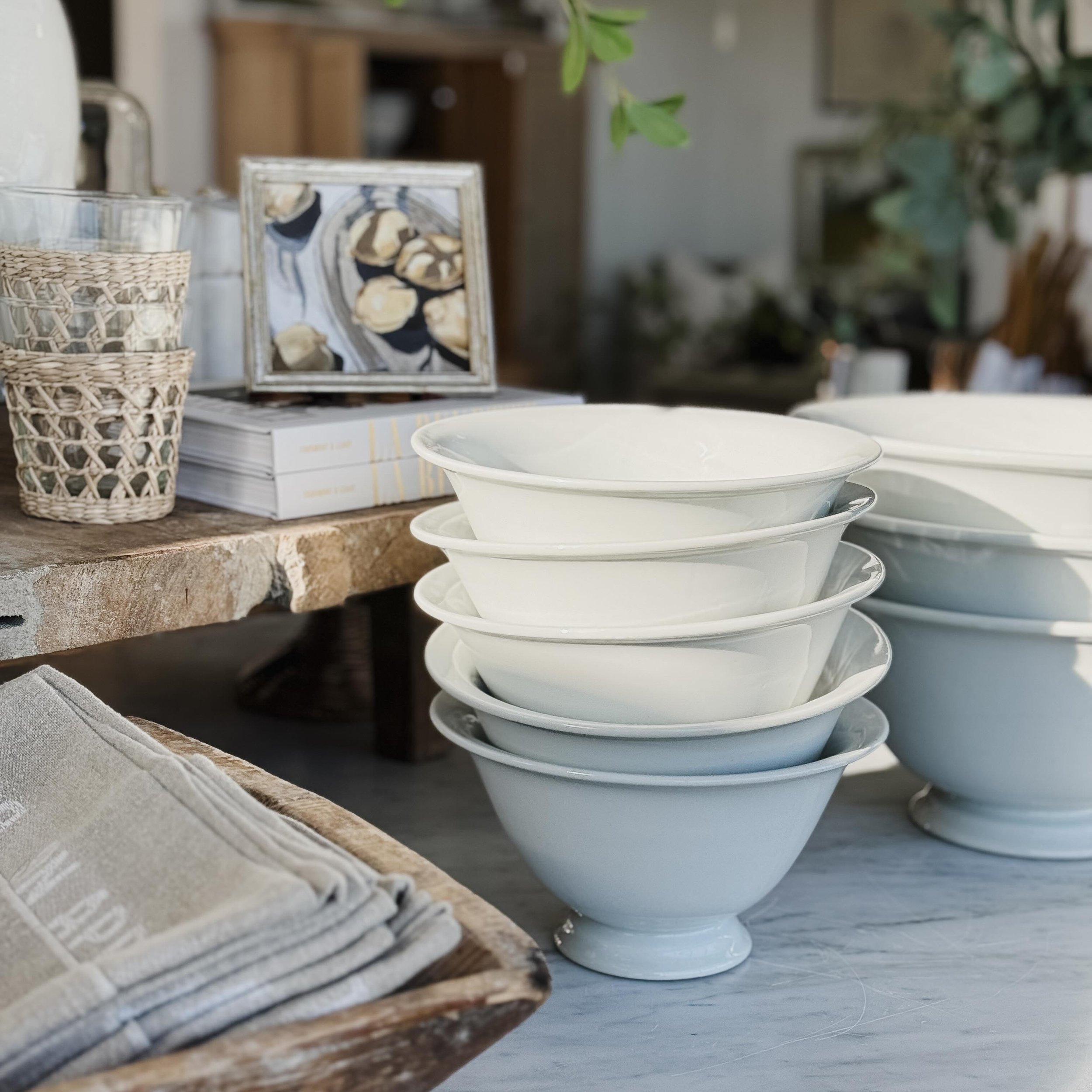 These beautiful ironstone pedestal bowls are one of my most favorite things I found at Round Top! Made in the good ol&rsquo; USA🇺🇸 in the early 1900&rsquo;s!
Come by our shop in St. George and see all the pretty things!! 
Open: Mon-Sat  10-5