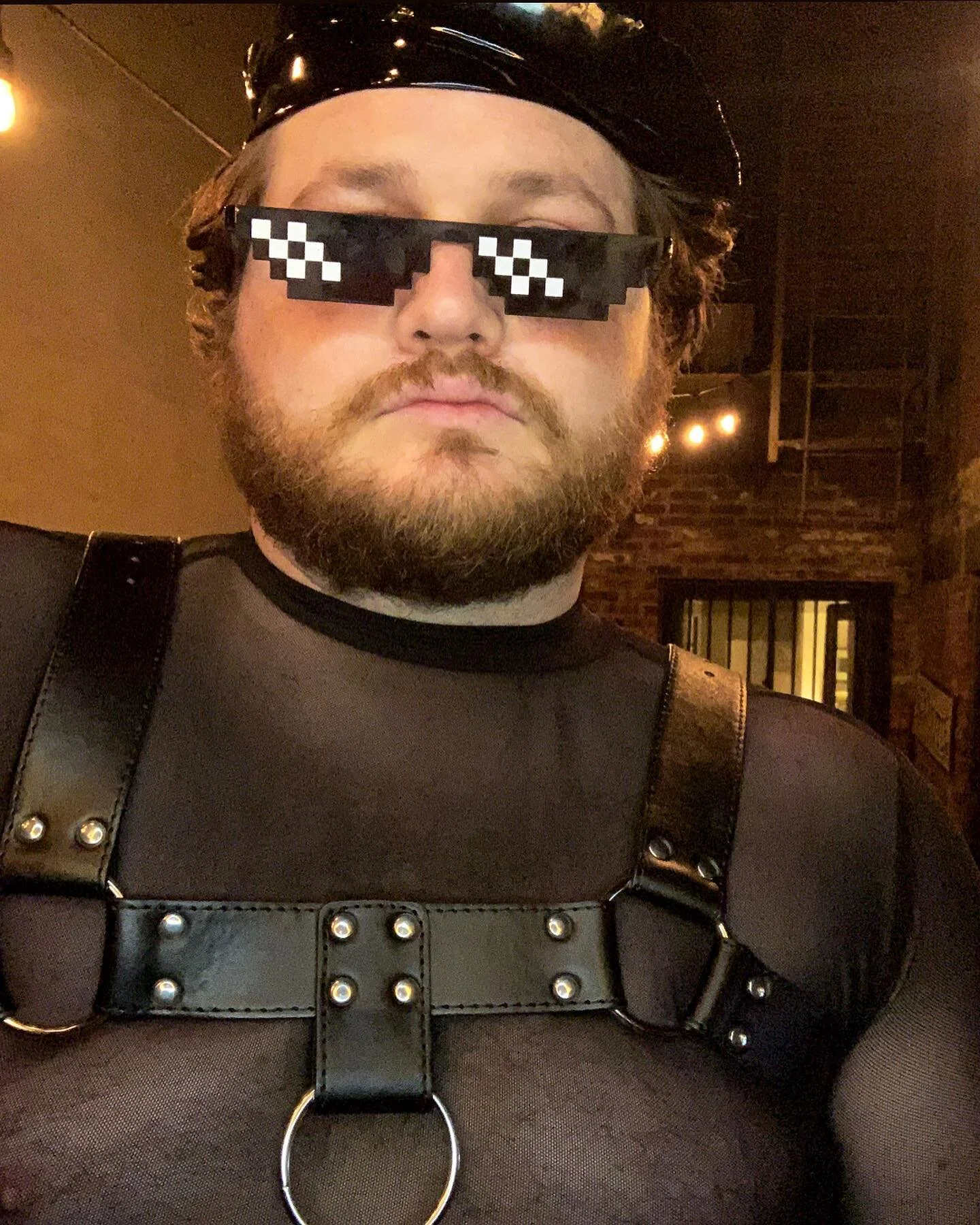 Dads first harness. #tbt to @tysunderland&rsquo;s Chromatica Zoom party!