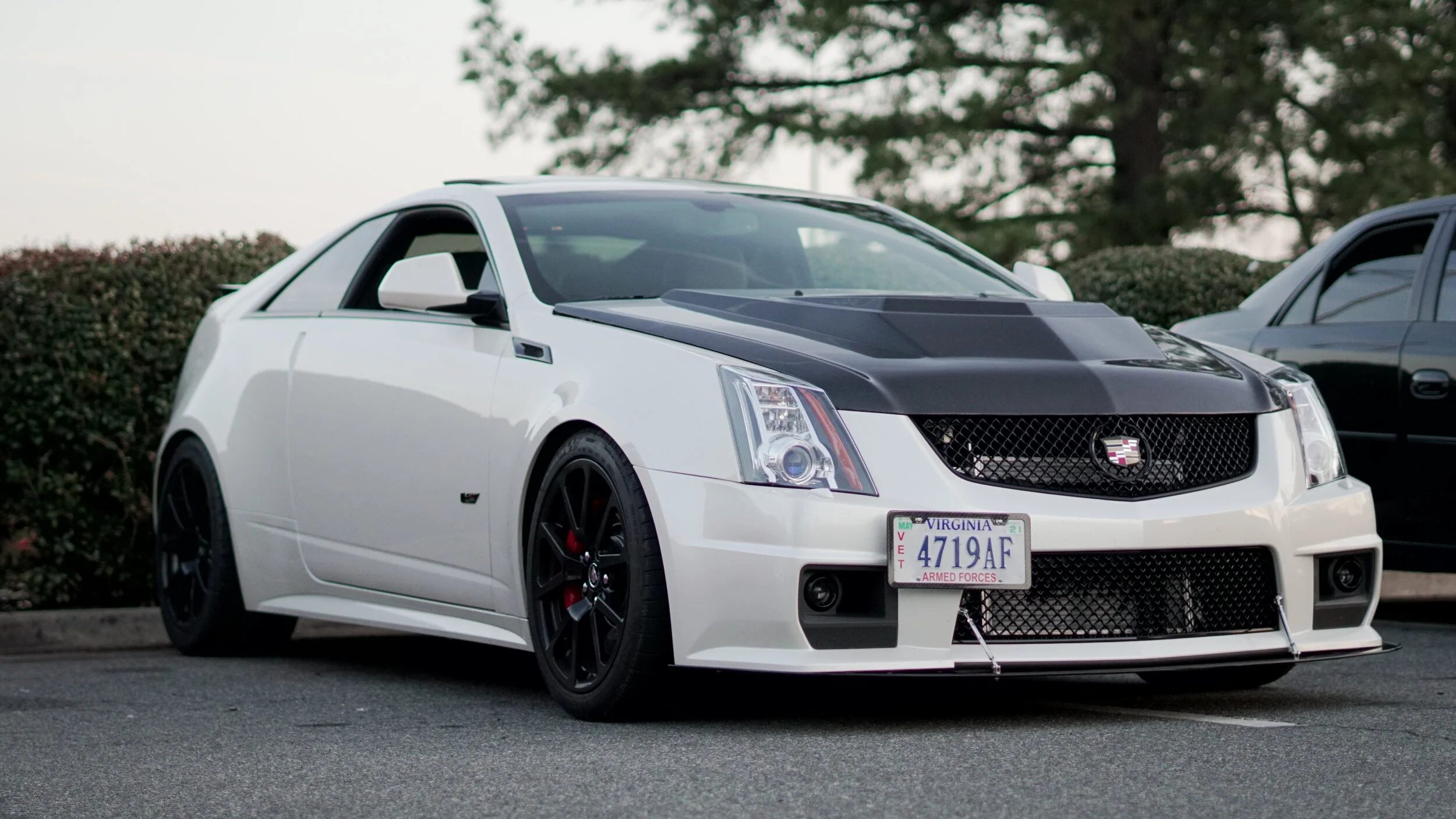 White sports car with black hood and custom license plate parked in a lot, with a black car partially visible in the background and trees in the distance.