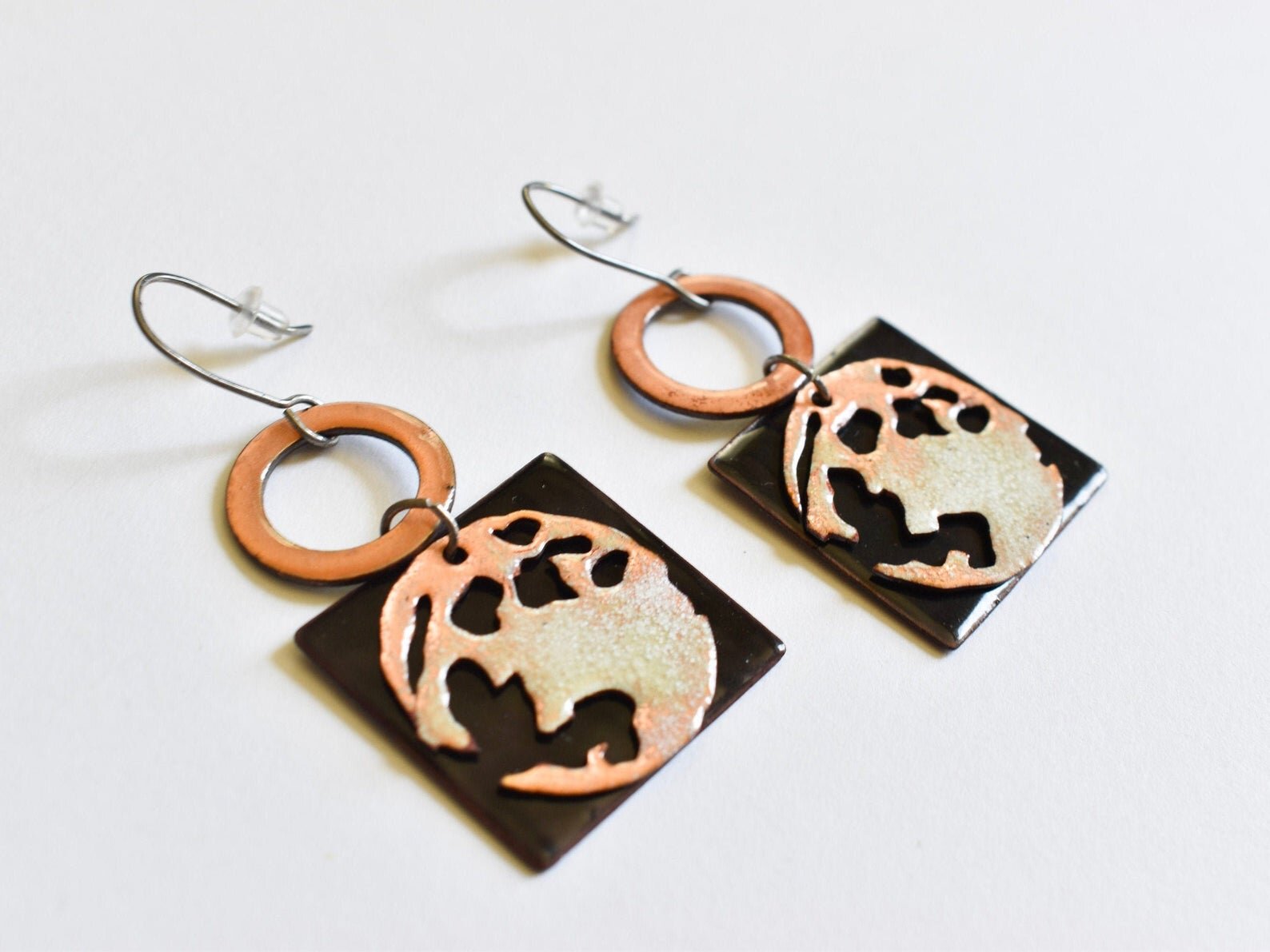 celestial jewelry hippie jewelry beachy earrings Copper enameled black and white sun earrings enameled earrings black and white jewelry