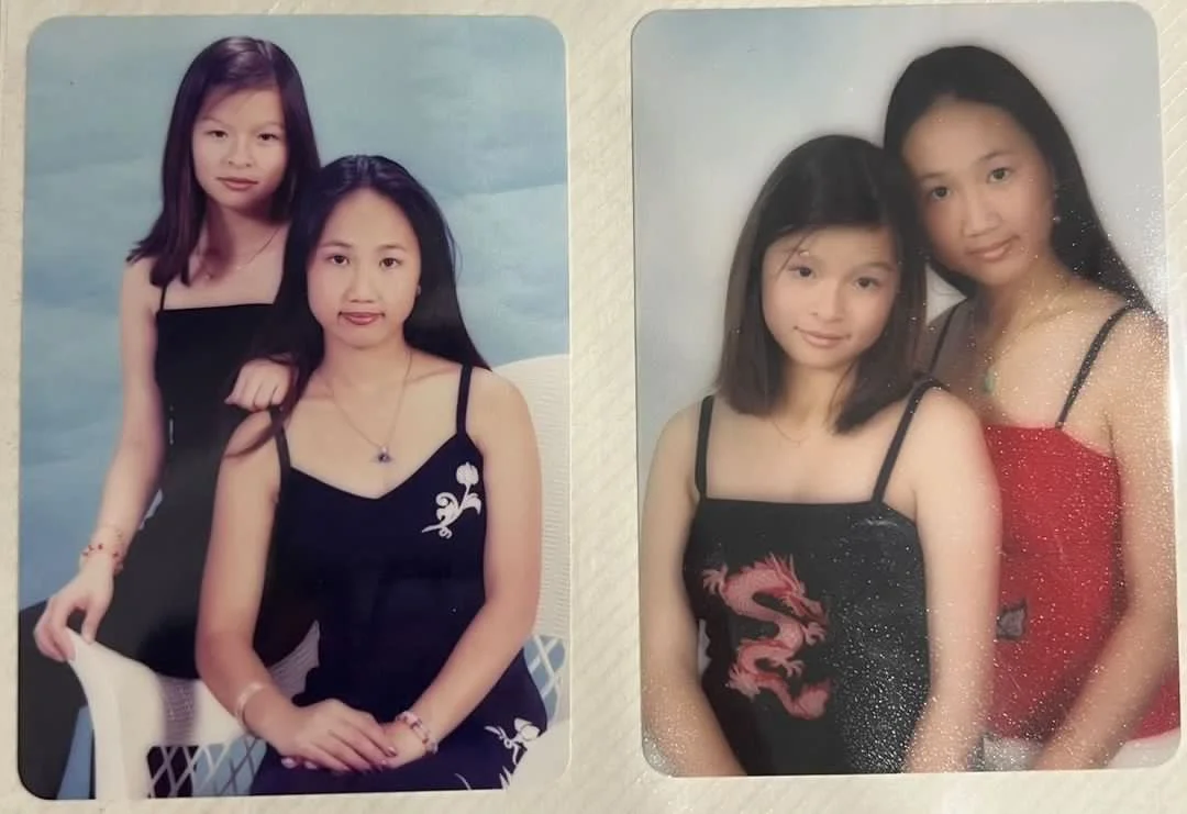 Two photos of two young women with long dark hair, wearing black and red dresses, posing together indoors and outdoors.