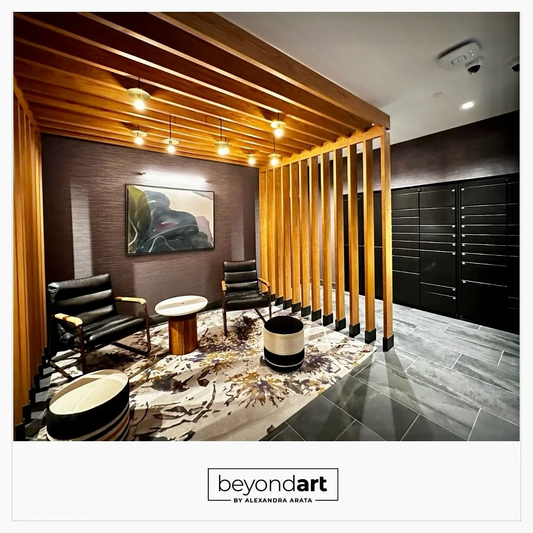 The mail room in this building is a space residents visit every day to collect their mail and packages, so the developers wanted to make it feel welcoming and with a touch of sophistication.  I created and installed this airy, flowy nature-inspired p