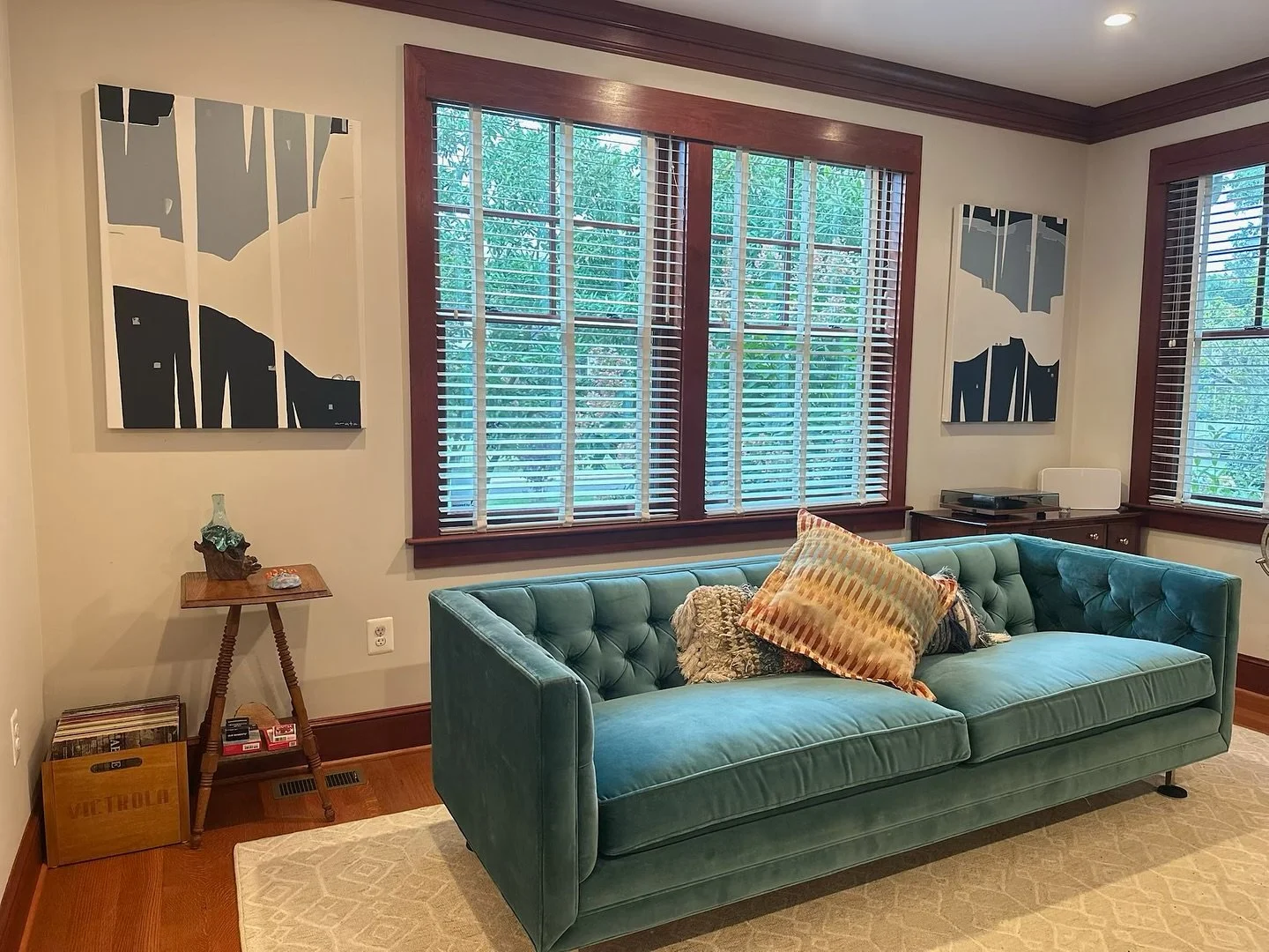 Two artworks created for a wonderful young family&rsquo;s living room. After years of waiting to find what truly resonated with them, they finally did. I&rsquo;m thrilled to share a touch of art and joy with them! 💙  #artanddesign #customart #living