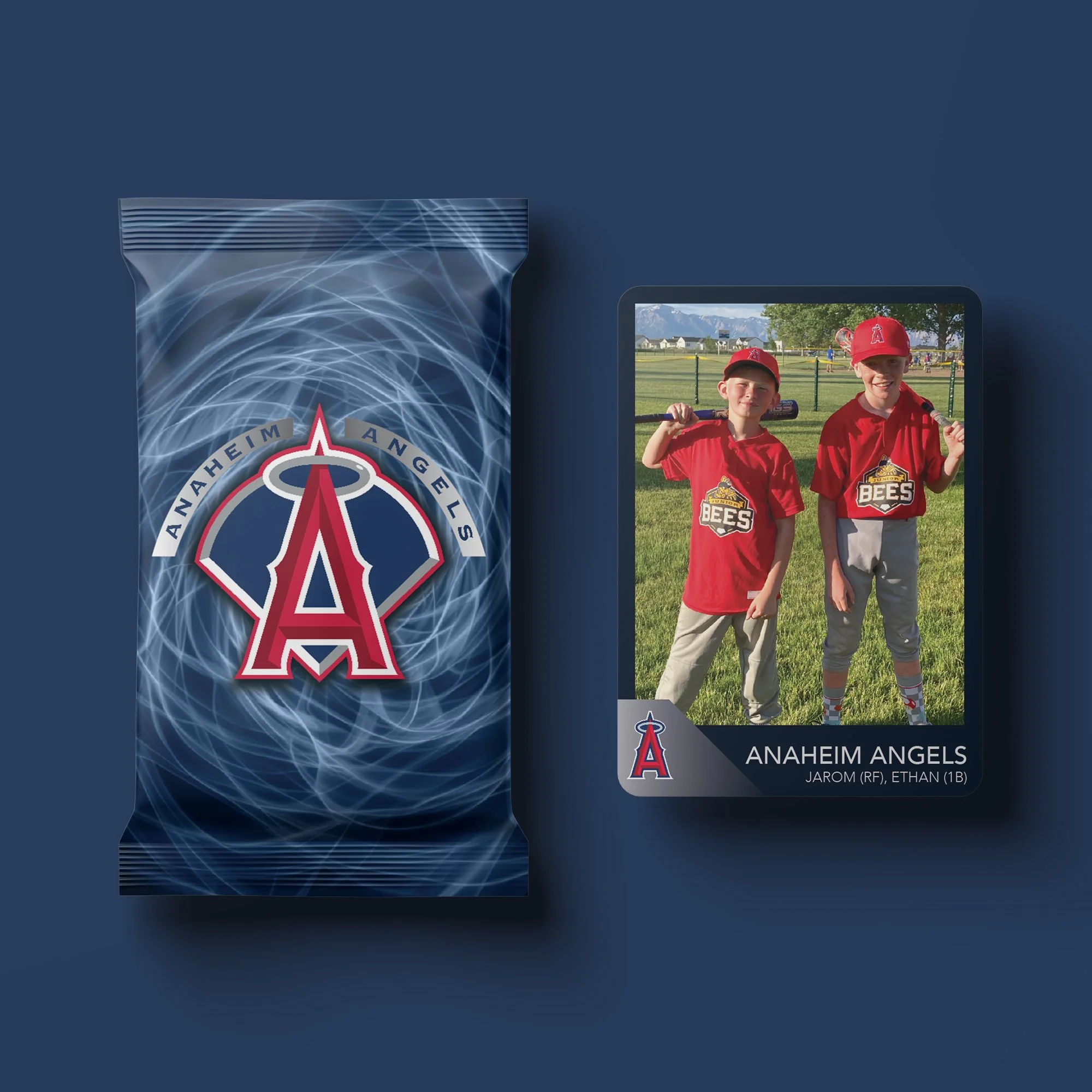 Anaheim Angels trading card and snack package featuring two young boys in red Angels baseball uniforms holding bats outdoors.