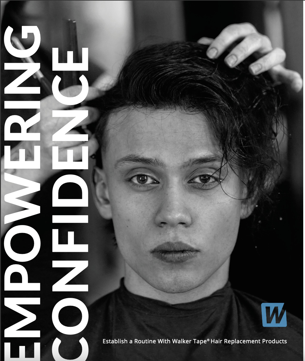 Black and white photo of a woman getting her hair styled at a salon, with text promoting Walker Tape hair replacement products.