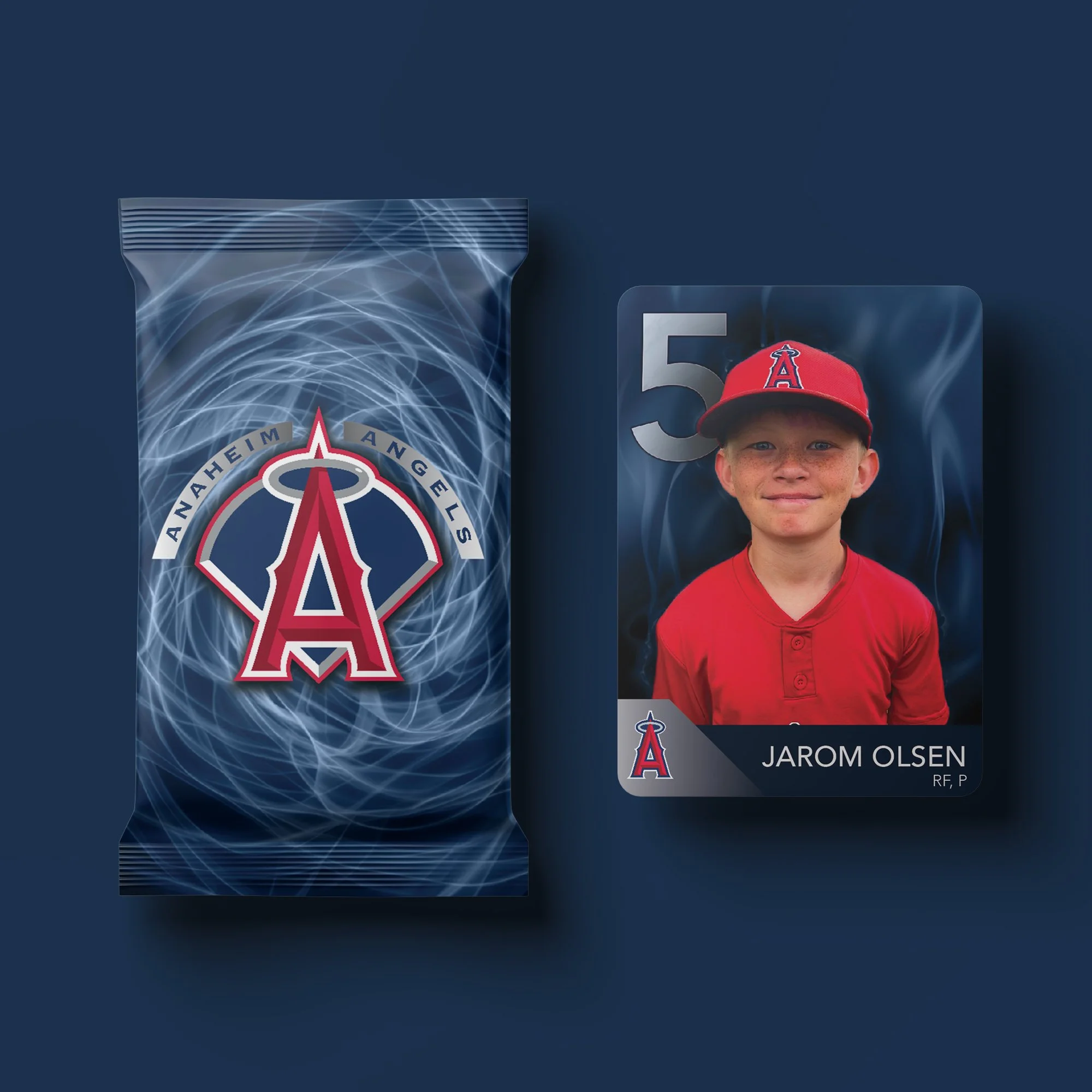 Official Anaheim Angels baseball card featuring a young boy in red Angels attire with a cap, identifying him as Jarom Olsen, number 50, positioned next to a package with the Angels logo against a dark background.