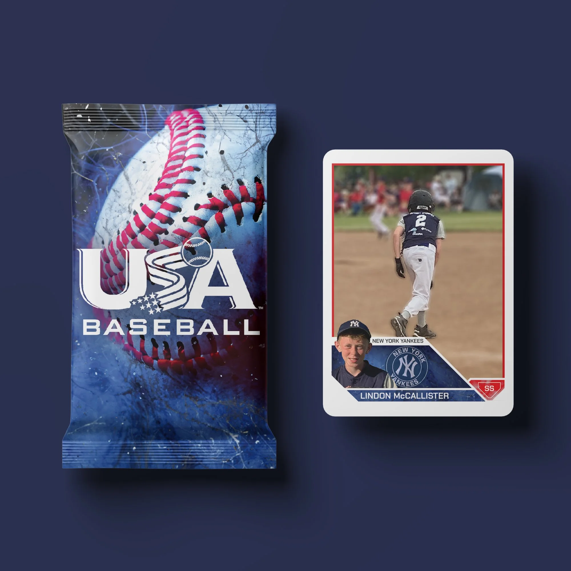 A pack of USA Baseball trading cards and a baseball card featuring Lindon McCallister from the New York Yankees, with a photo of him walking on a baseball field.