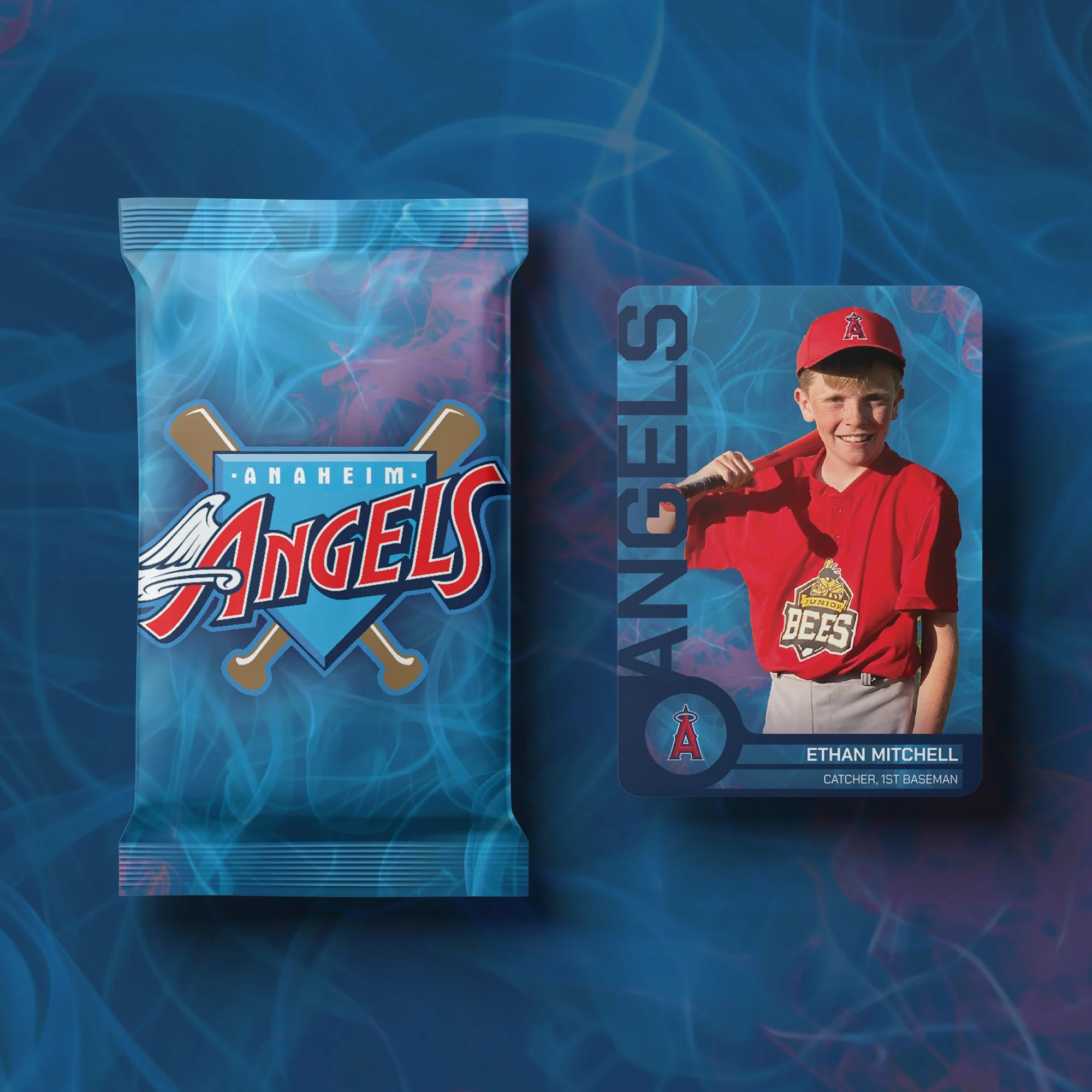 Baseball trading card of Ethan Mitchell, a young boy in a red baseball uniform, holding a bat over his shoulder, with the Anaheim Angels logo and text on the card. Beside it is a packaged Anaheim Angels baseball team item with the team logo.