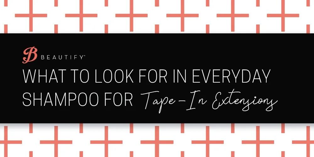 Cover of an article titled 'What to look for in everyday shampoo for tape-in extensions' with a black background and red pattern behind.