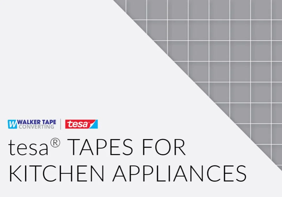 Packaging design for Tesa brand kitchen appliance tapes, featuring the Walker Tape and Tesa logos, with a gray grid pattern background.
