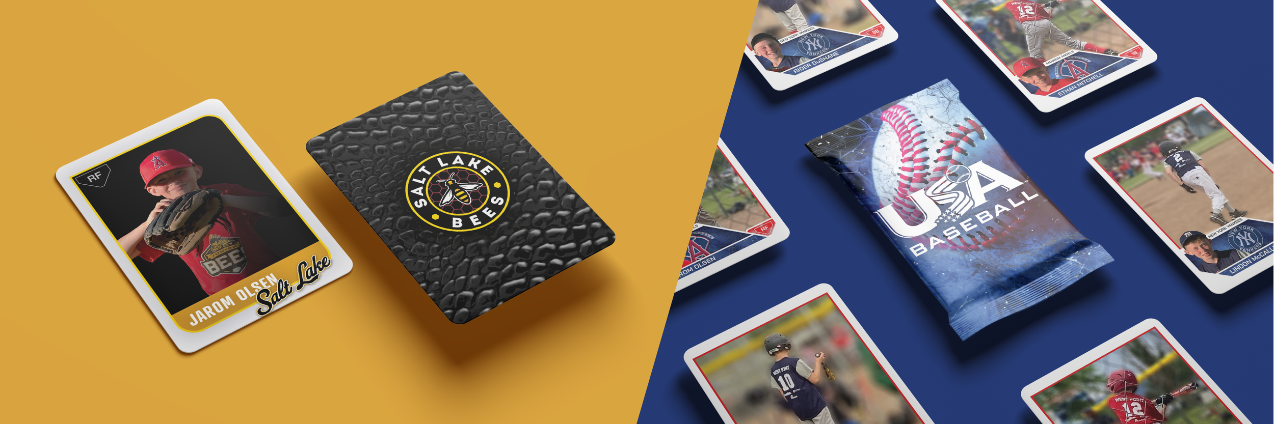 A collection of sports cards featuring young baseball players, along with a packet of USA Baseball trading cards and a Salt Lake Bees card on a blue background.