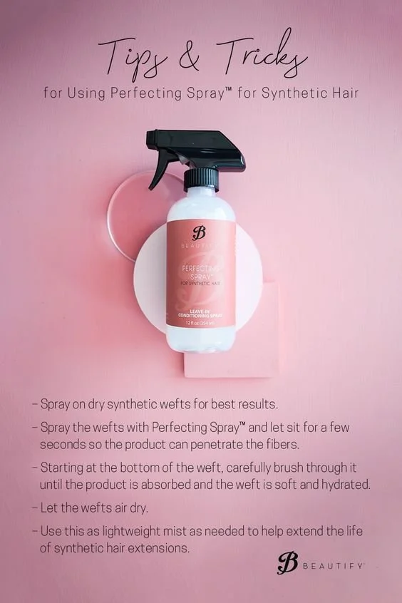 A pink poster with tips for using Perfecting Spray for synthetic hair. The poster has a spray bottle positioned in the center. Tips include spraying on dry synthetic wefts, spraying with Perfecting Spray and letting sit, brushing through until absorb