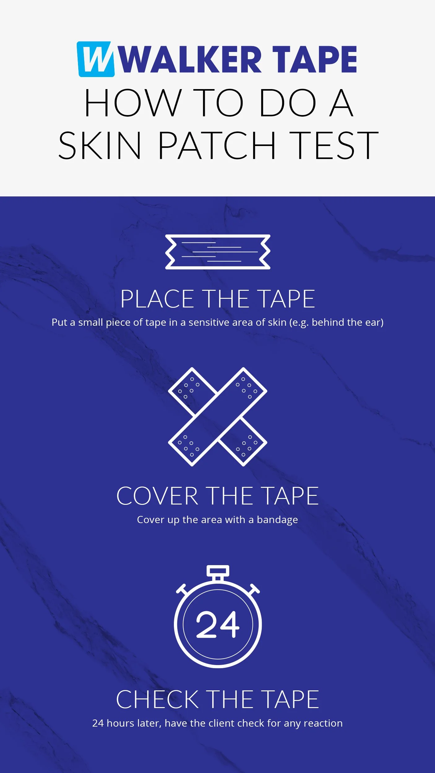 Instructions on how to perform a skin patch test using Walker Tape, including steps to place the tape on a sensitive skin area, cover it with a bandage, and check for reactions after 24 hours.