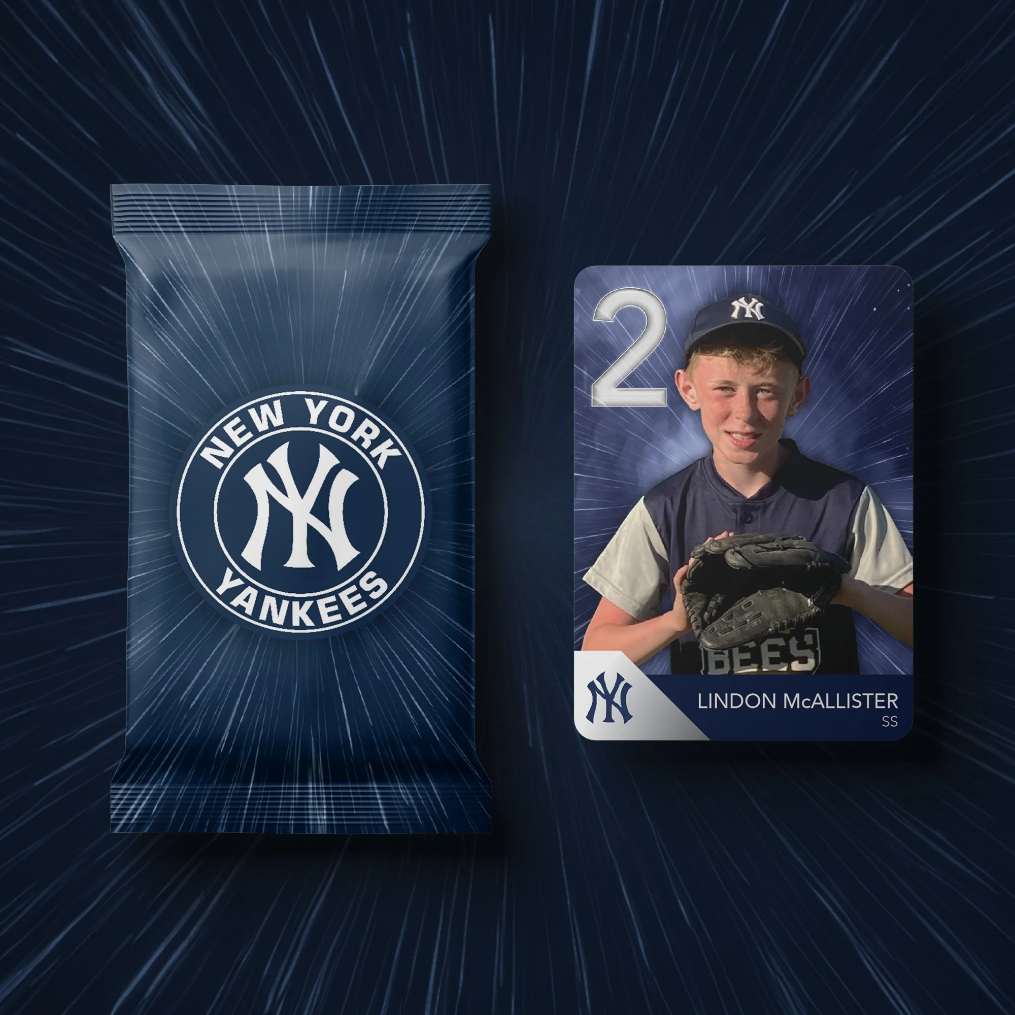 A pack of New York Yankees baseball cards and a Yankees-themed trading card featuring a young player in a baseball uniform and cap.