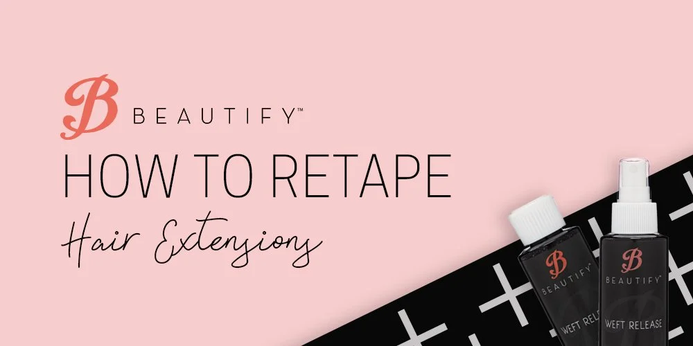 Instructions on how to retape hair extensions, with bottles of hair adhesive products on a pink background.