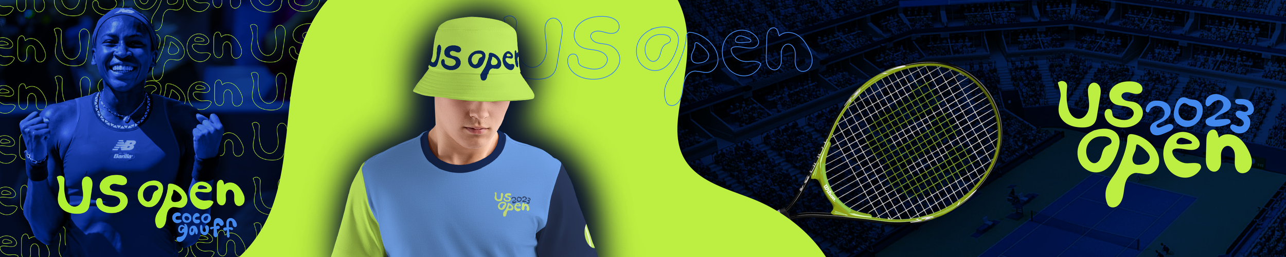 A split graphic design celebrating the US Open tennis tournament. It features a smiling female athlete with fists raised, wearing sports gear with 'US Open' branding, a close-up of a player with a neutral expression wearing a cap, and a tennis racket