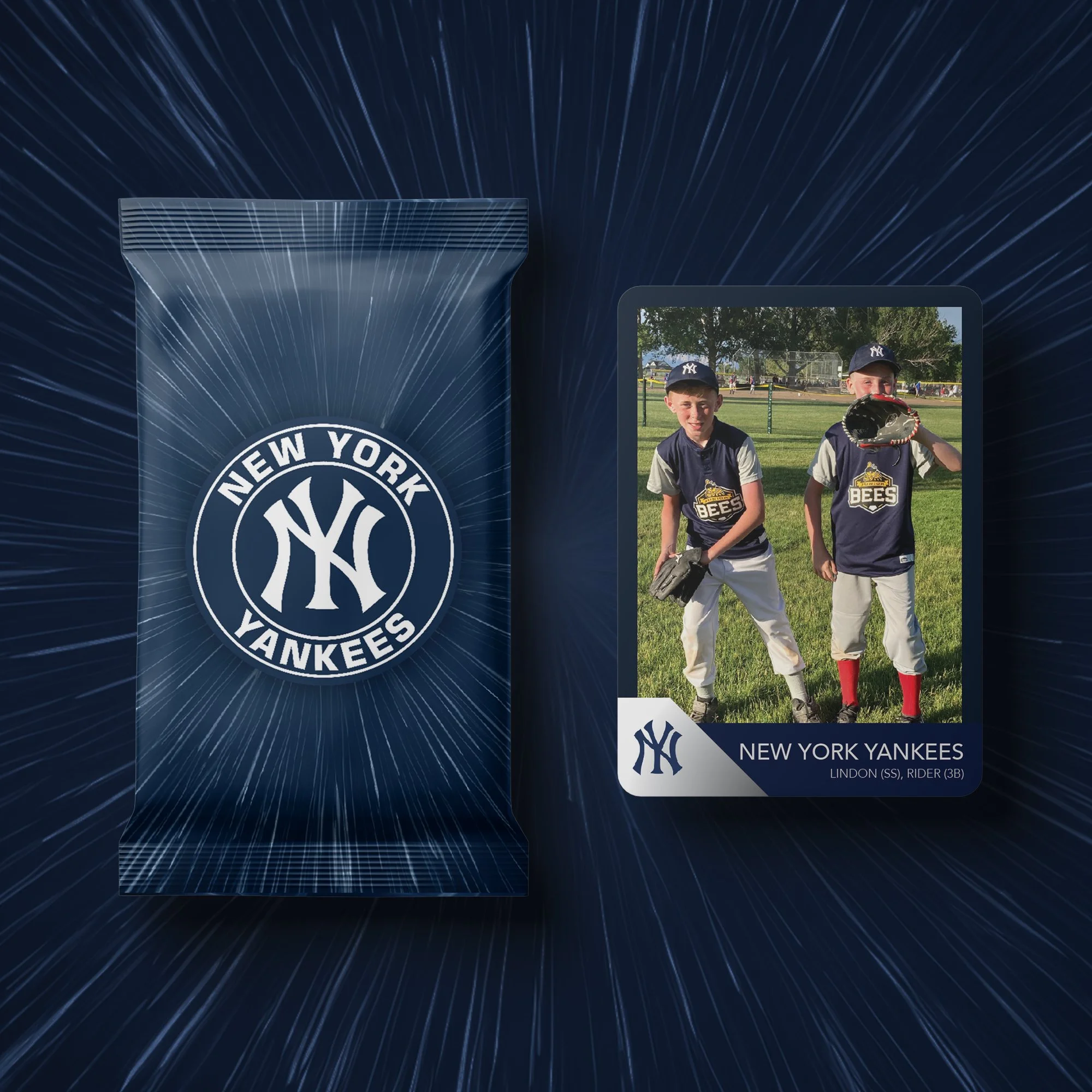 A package of New York Yankees themed snacks next to a photograph of two young baseball players in Yankees uniforms holding gloves on a grassy field.