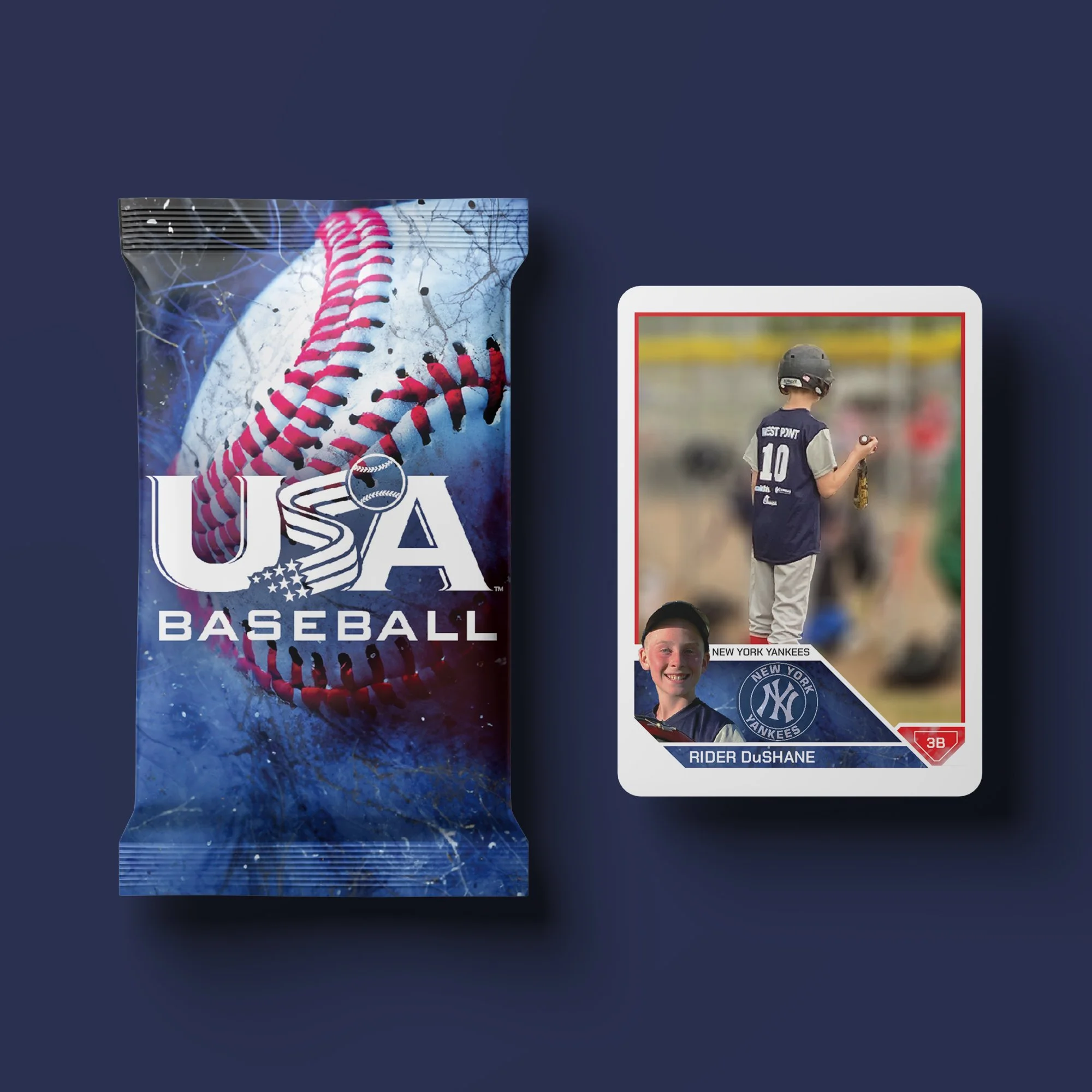 A USA Baseball snack package and a baseball trading card of a young player. The snack package features a large baseball with red stitching on a blue background, with the USA Baseball logo. The trading card shows a boy in a baseball uniform holding a 