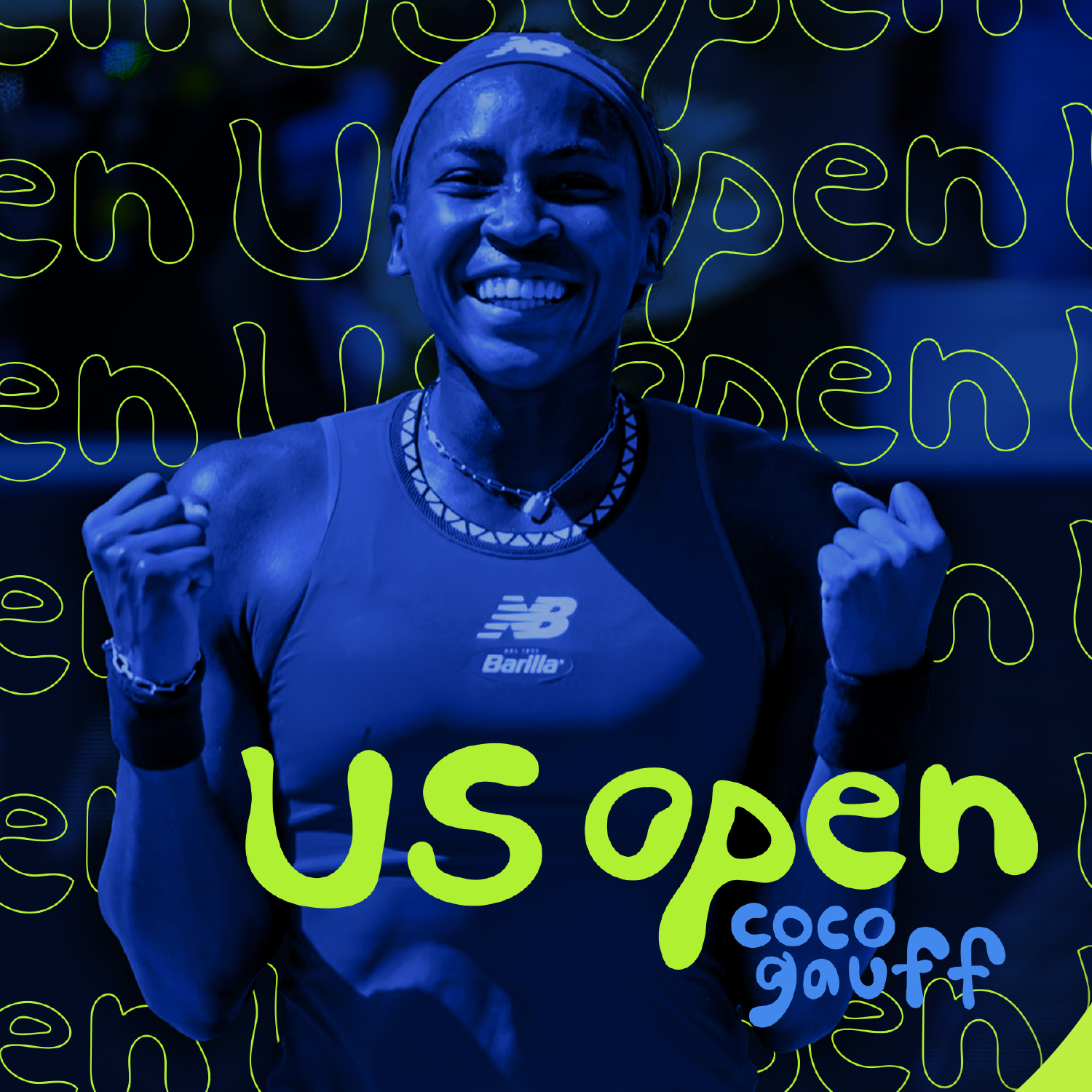 A female athlete celebrates victory at the U.S. Open tennis tournament, smiling with clenched fists, wearing a sports tank top and headband, with a background featuring a repeated pattern of the word "open" and the text "U.S. open" and "Coco Gauff".