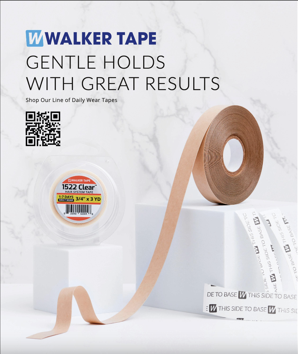 Advertisement for Walker Tape, showing a roll of sports tape with a peach color. The tape is displayed on a white surface with a marble background, with some tape strips on adhesive backing. Text indicates the product is gentle, with great results, a