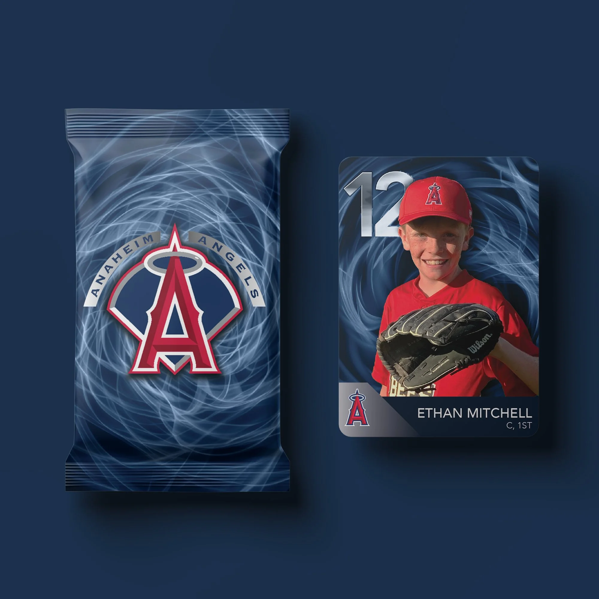 A baseball trading card of Ethan Mitchell, a young boy in a red jersey and cap, holding a baseball glove, with the Los Angeles Angels logo and team branding.