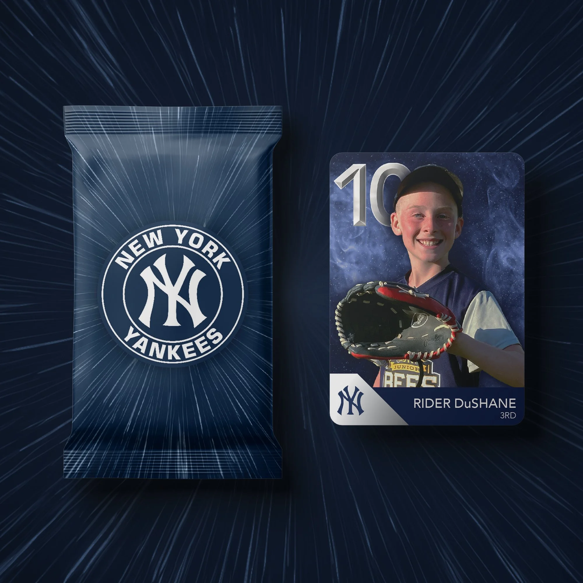 New York Yankees merchandise package and a baseball card featuring a young boy with a baseball glove, labeled Rider DuSHANE, 10 years old, third grade