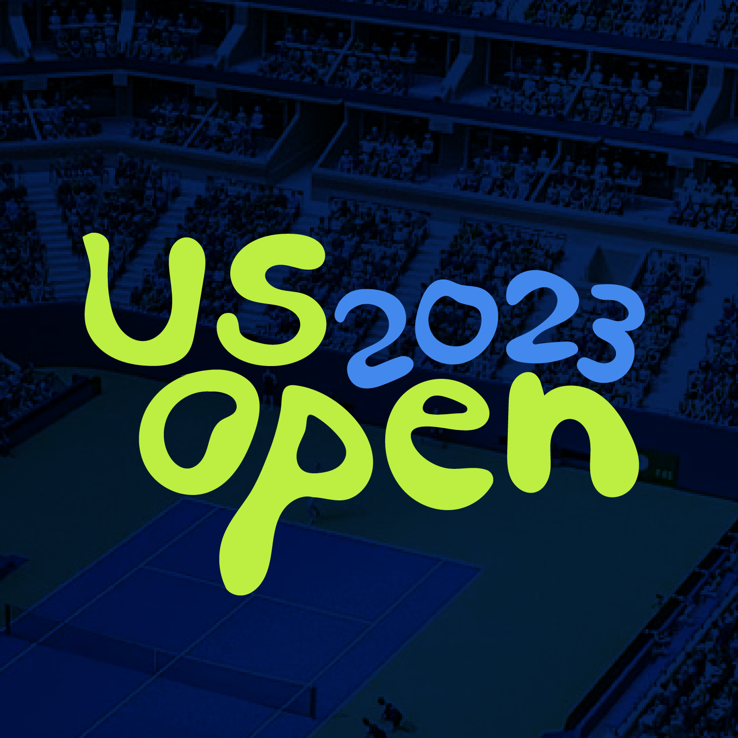 An indoor tennis stadium with an audience, overlaid with text reading 'US Open 2023' in bright green and blue.