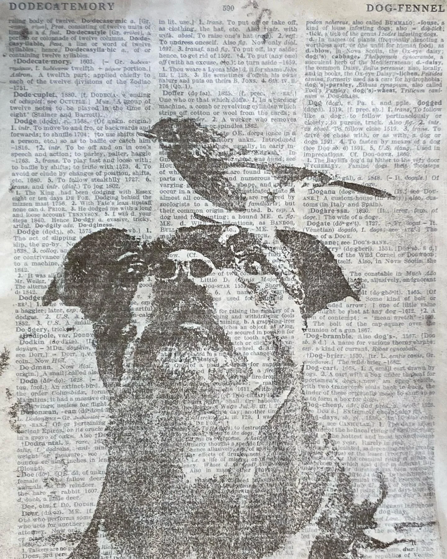 Doing a bit of print making today. Staffy and Sparrow, gel print onto dictionary page. AI generated original image.
.
.
.
#dogprint #staffyprint #birddog #dogart #staffyart #printmaking #adoptdontshop #dogoftheday #originalprint #aiart