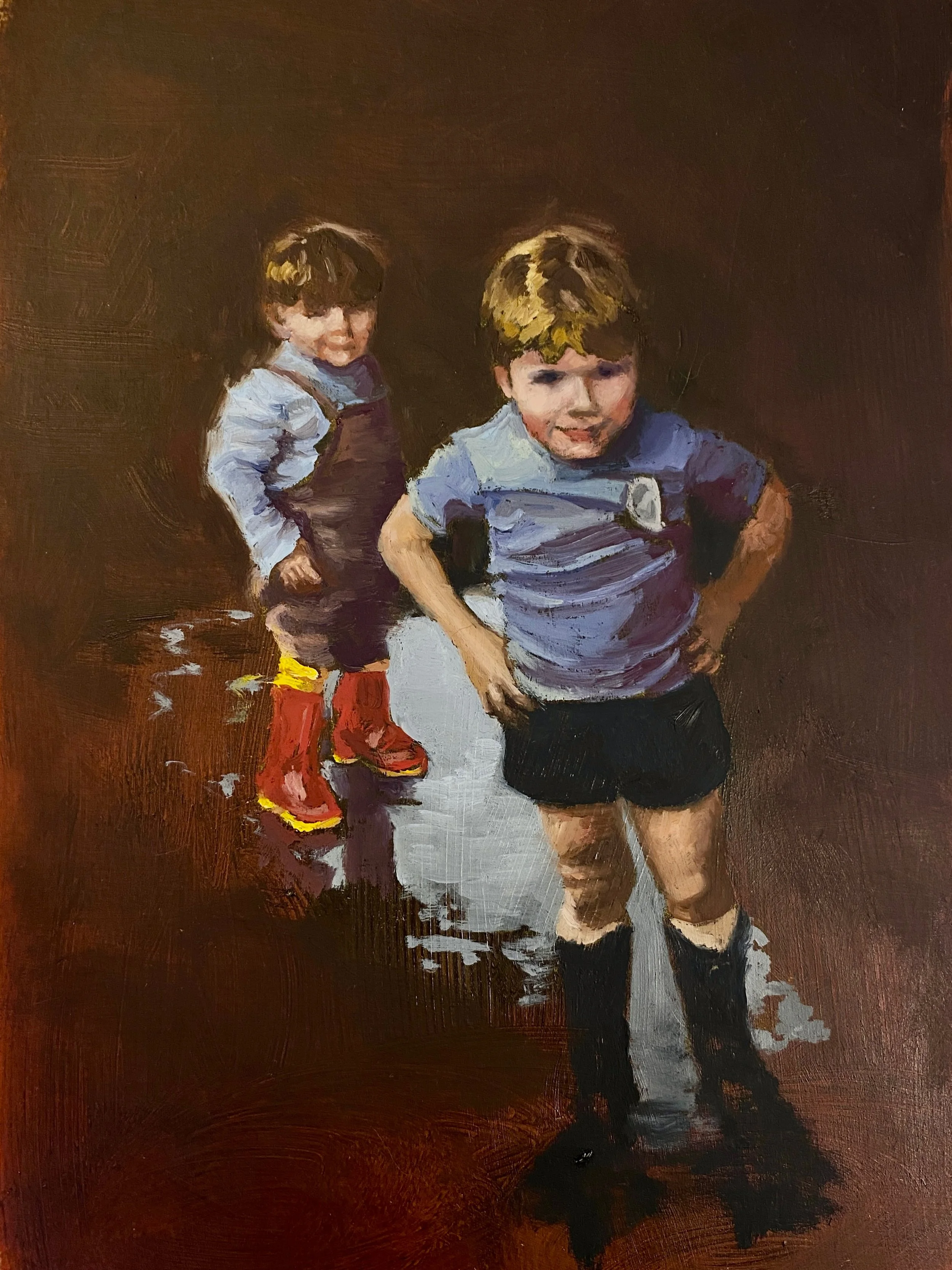 Davy and Dougie, oil on wood panel, 21 x30cm.

Painting from an old analogue photograph, a commission for a birthday gift. There&rsquo;s something about the colours that create a particular nostalgia. One of them is no longer with us, making this pho