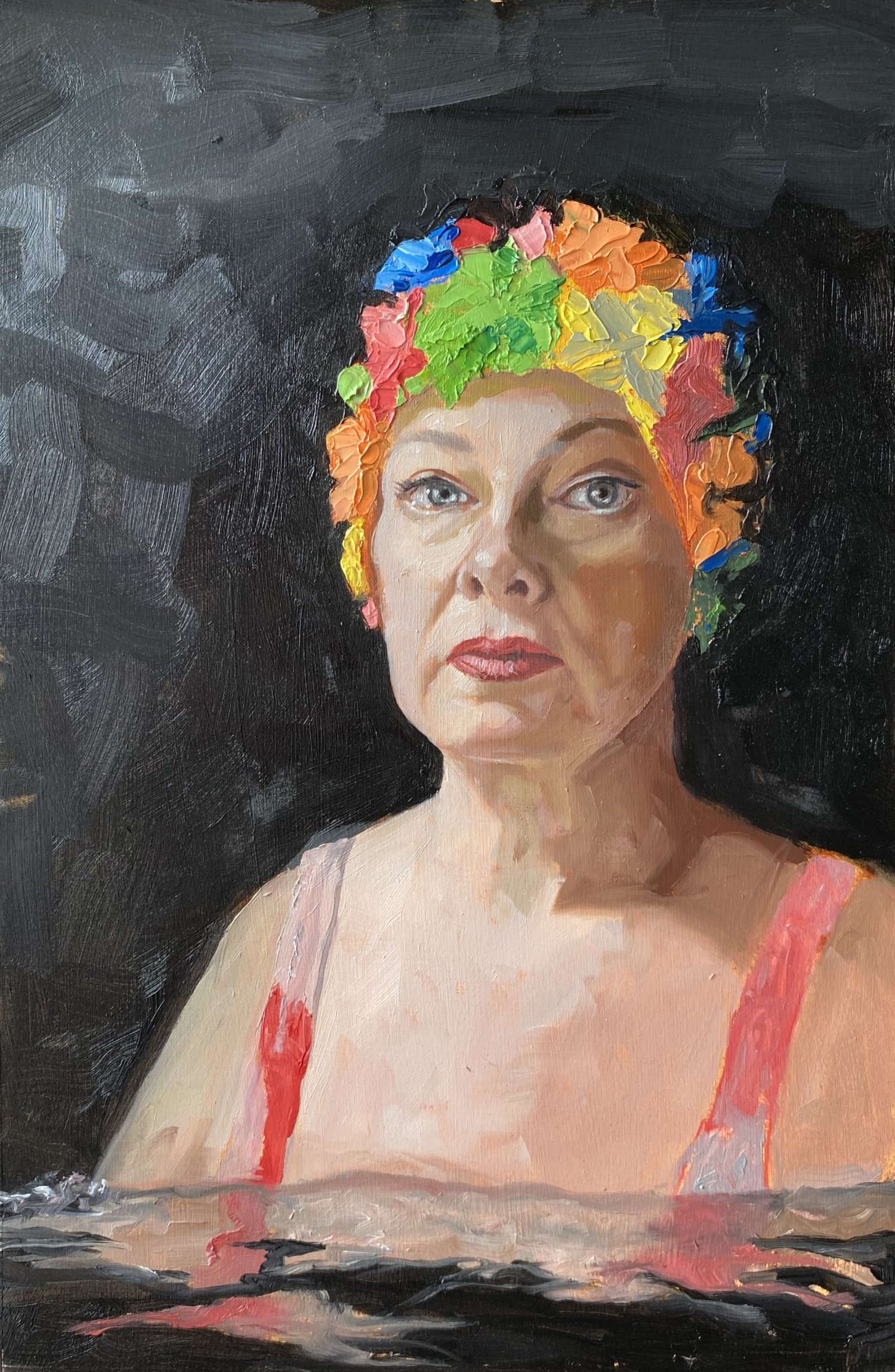 Oil painting of artist Louise Brown, wearing flowery swim cap against dark sky