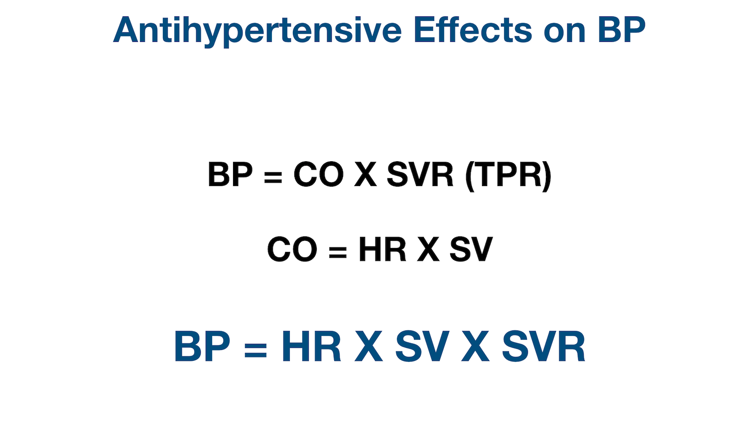 Blood Pressure and Cardiac Output Equations: BP = Blood Pressure; CO = Cardiac Output; SVR = Systemic Vascular Resistance; TPR = Total Peripheral Resistance; HR = Heart Rate; SV = Stroke Volume