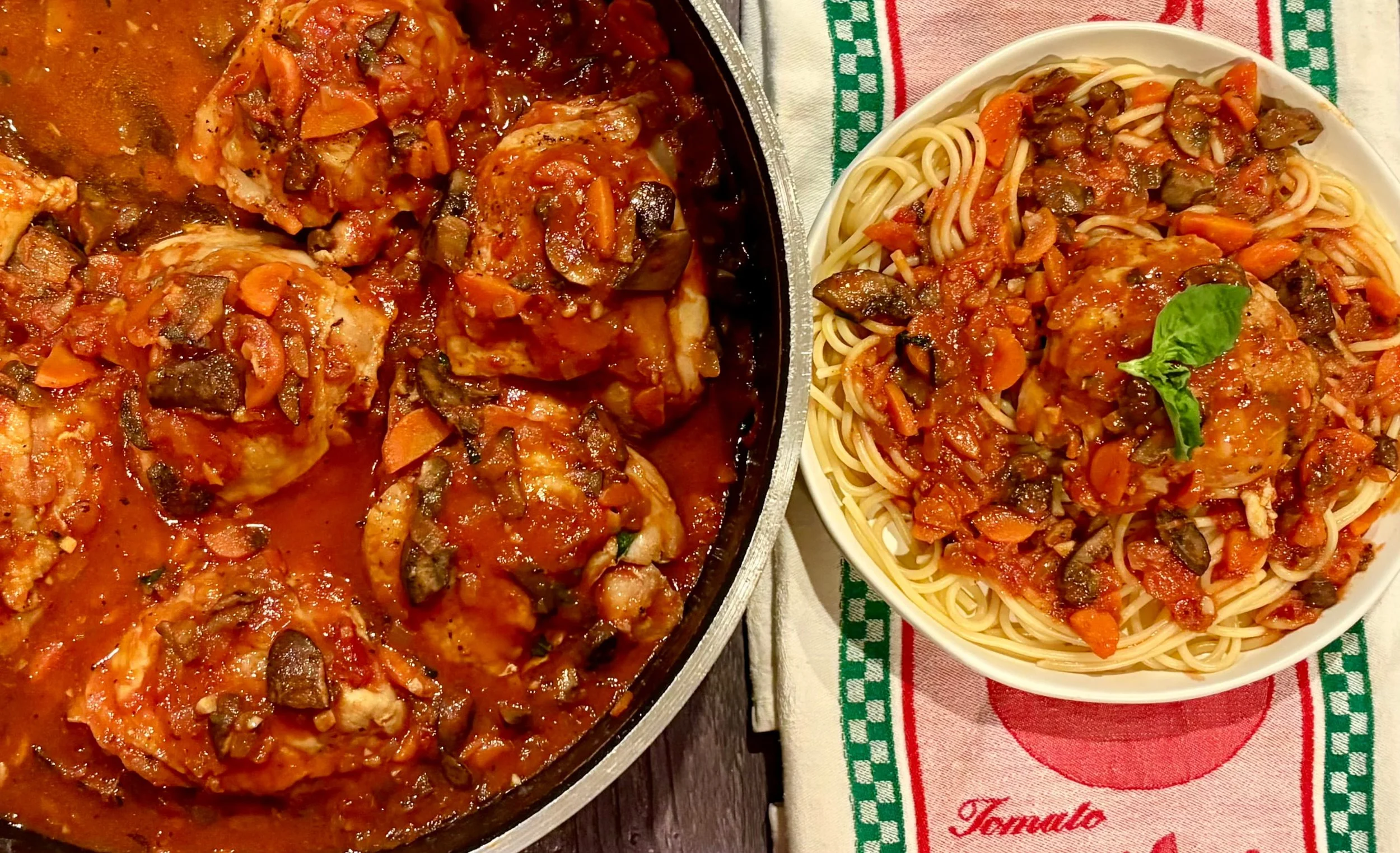 Serving Chicken Cacciatore with pasta
