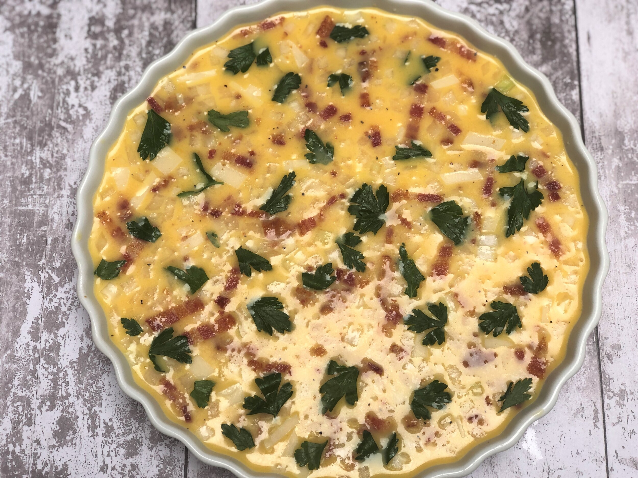 Crustless Quiche Lorraine ready for the oven