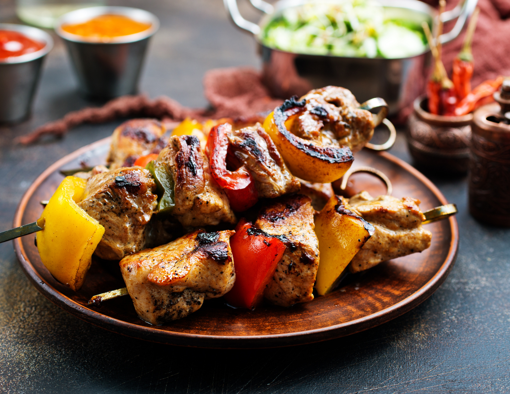 Turkish Sis Kebab with skewered cubed meat.