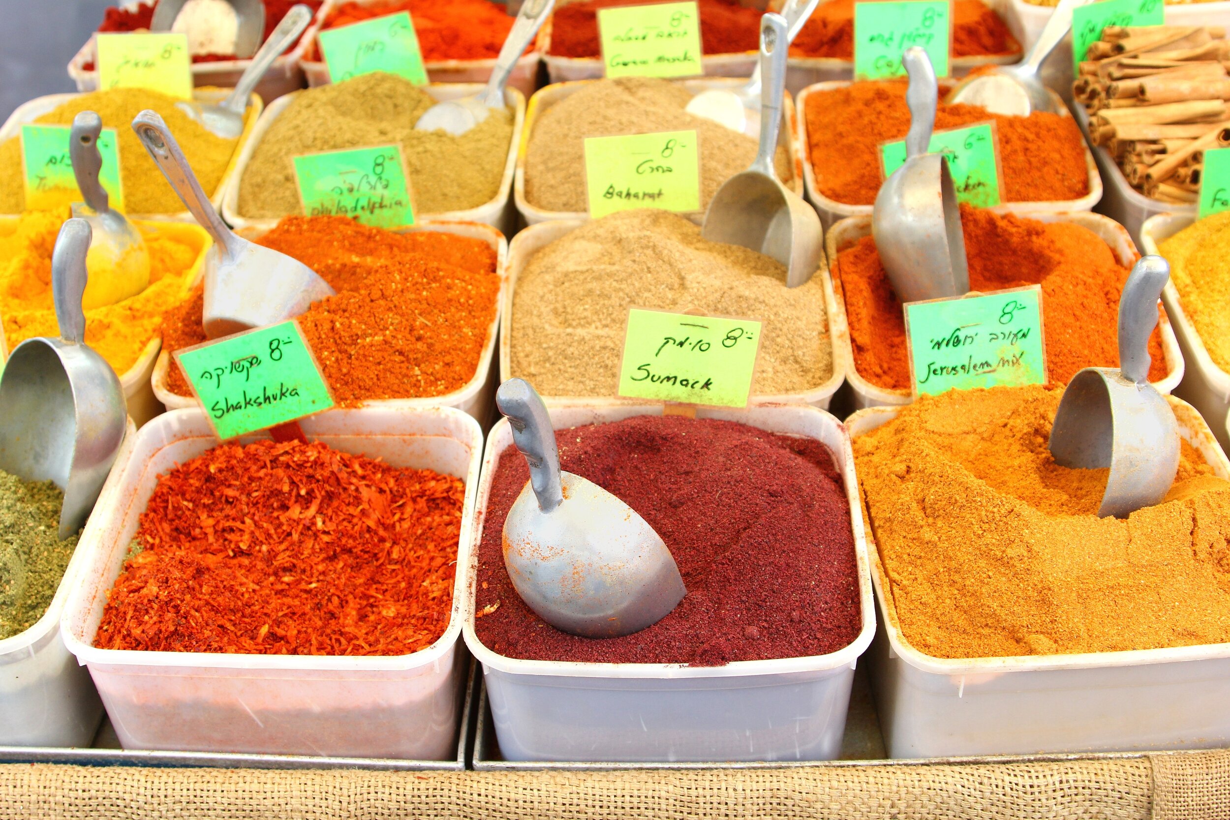 Spices at Shuk ha Carmel street food market in Tel Aviv.