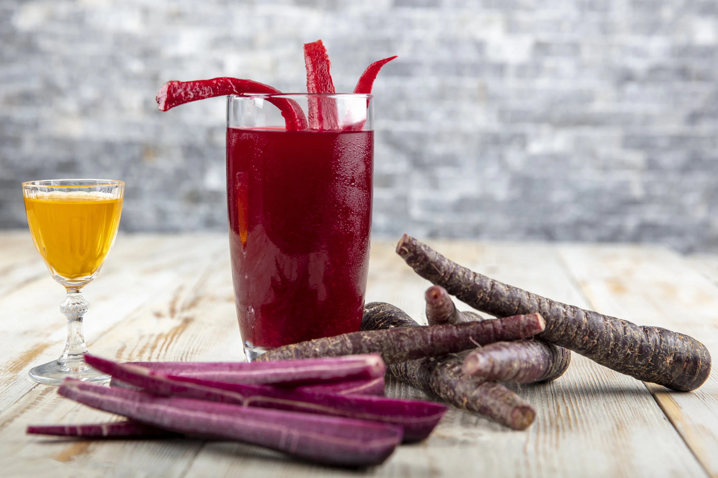 The Turkish drink salgam with pickled carrots.