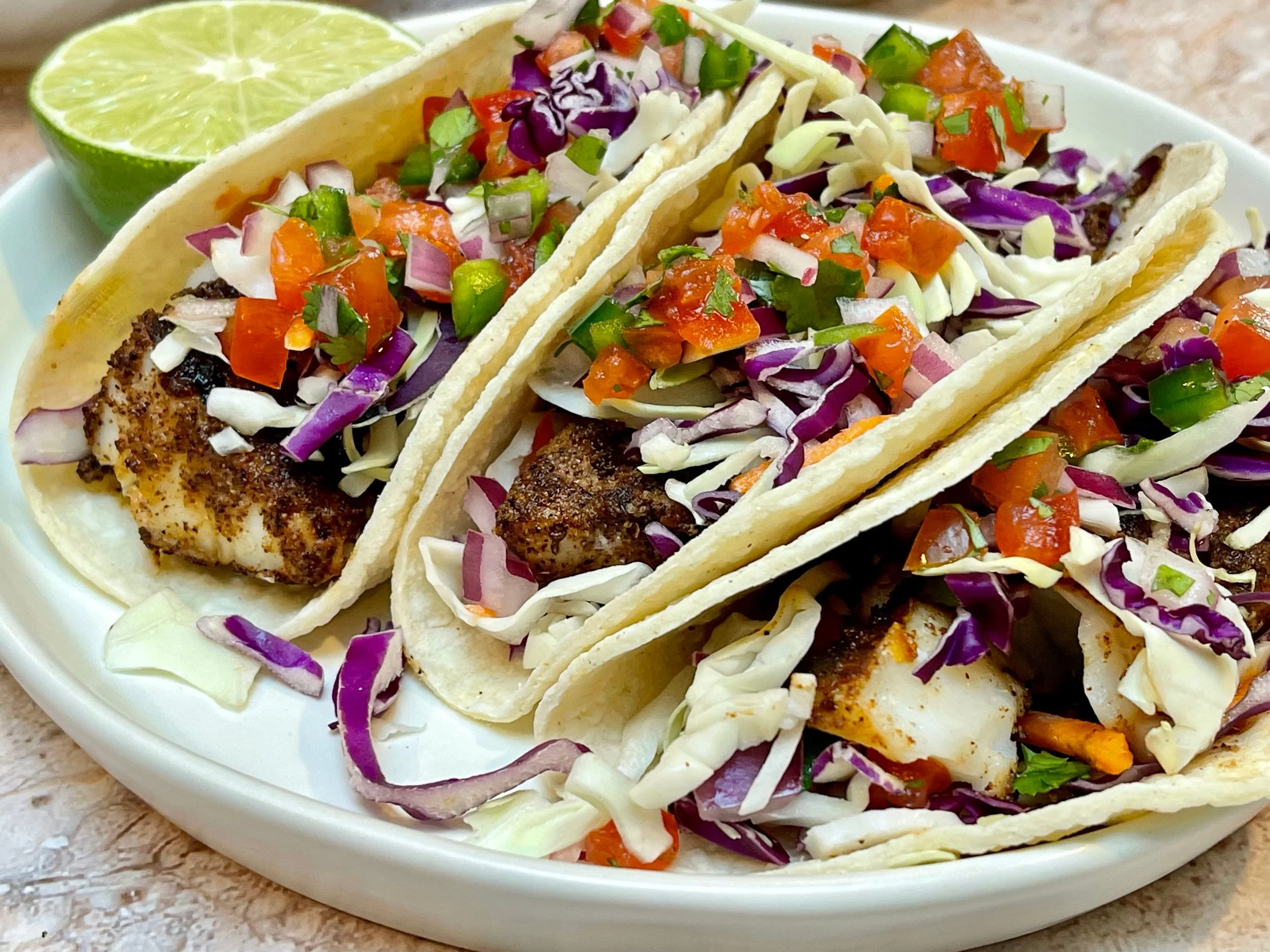 Healthy Blackened Fish Tacos with Slaw &amp; Pico de Gallo